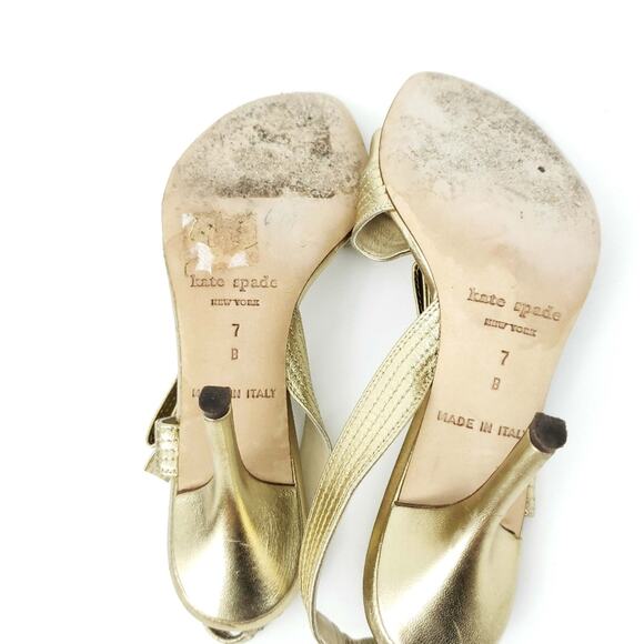 Kate Spade Gold Bow Heels Slingback Heels 7M Open Toe, Metallic, Formal, Wedding - Picture 5 of 11